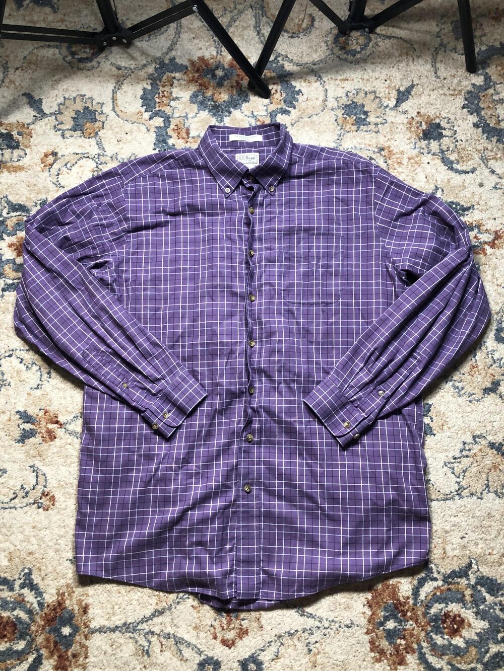LL Bean Shirt Mens Large Tall Purple Plaid Button Down Pocket Wrinkle Resistant